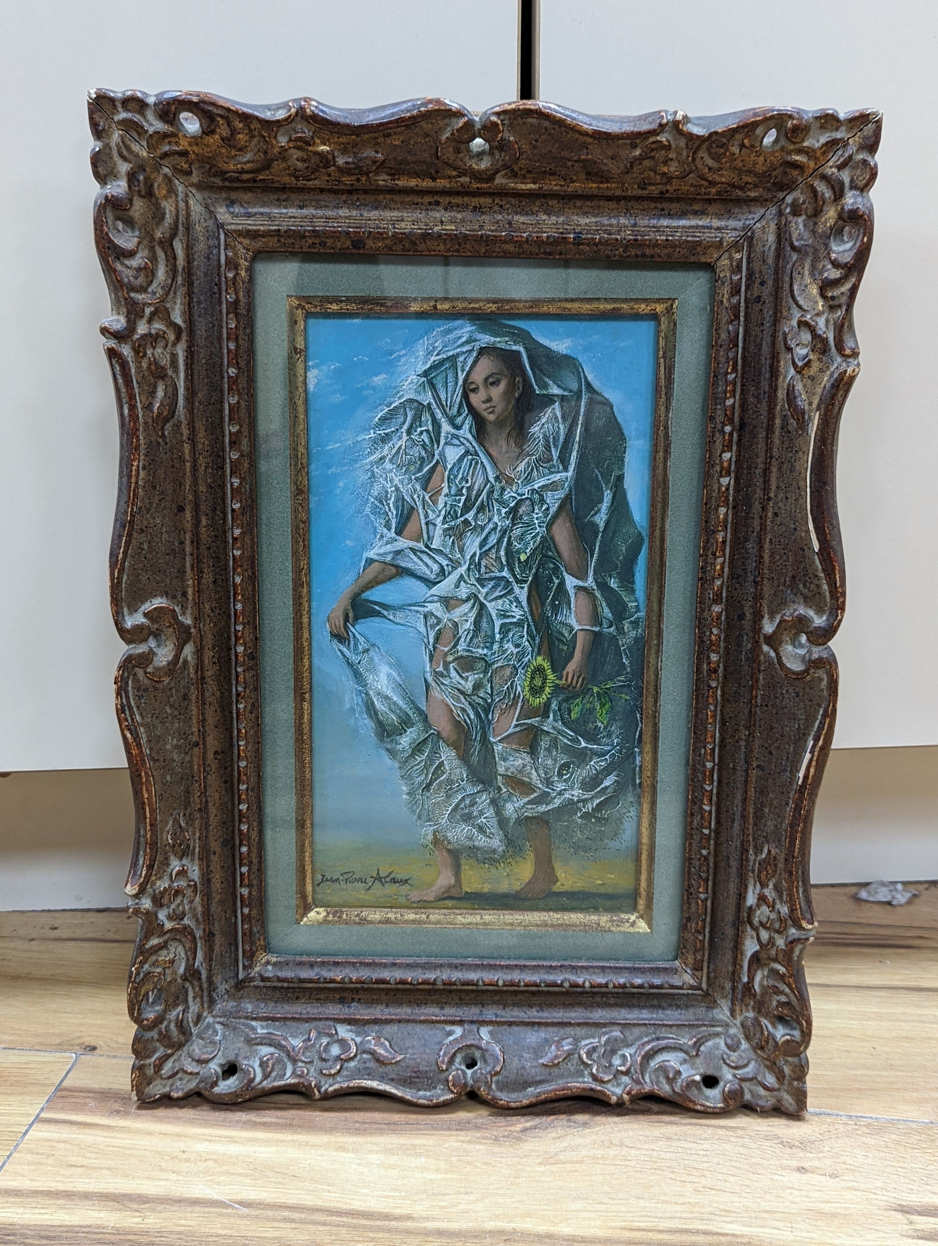 Jean Paul Alaux (1876-1955), mixed media, Woman standing with sunflower, signed, 23 x 13cm